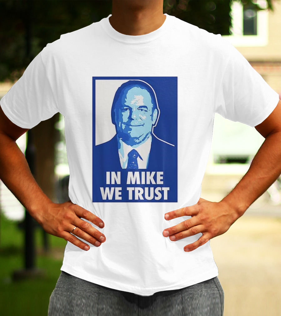 In Mike We Trust Mike Elko Blue Portrait T-Shirt