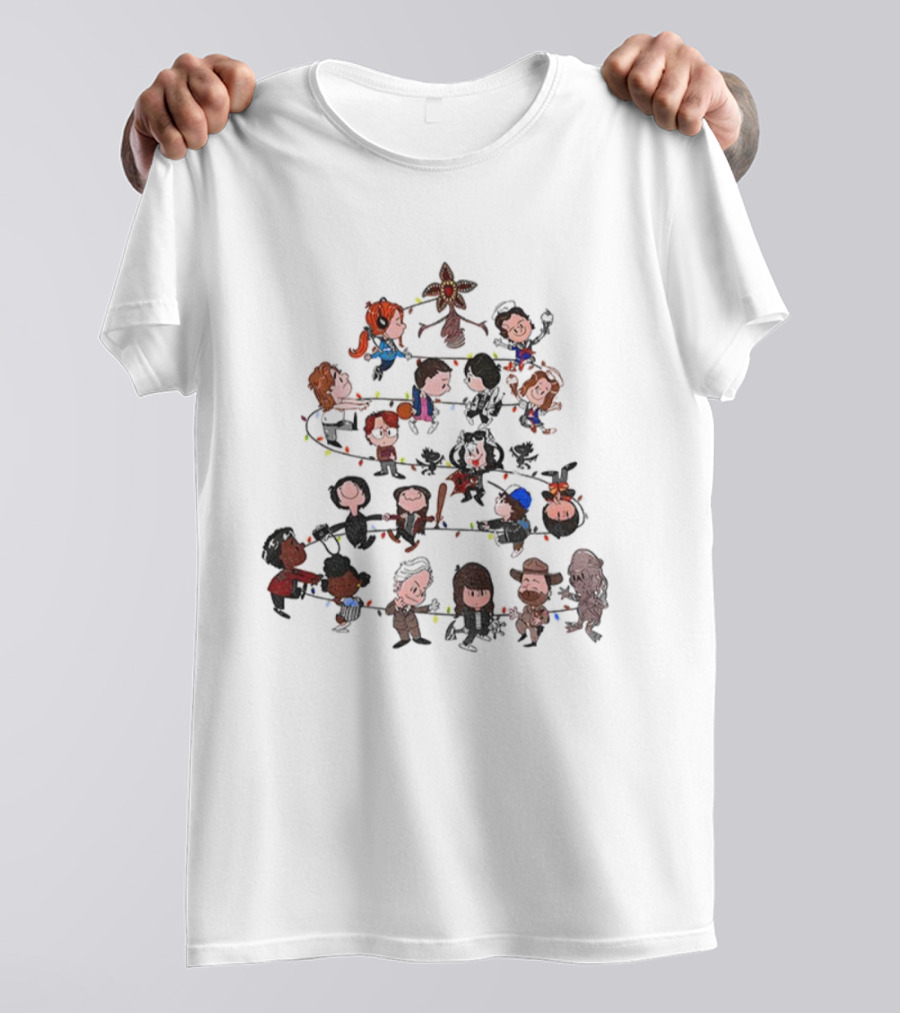 Stranger Things Characters Cartoon Style Christmas Tree With Demogorgon Topper And Holiday Lights T-Shirt