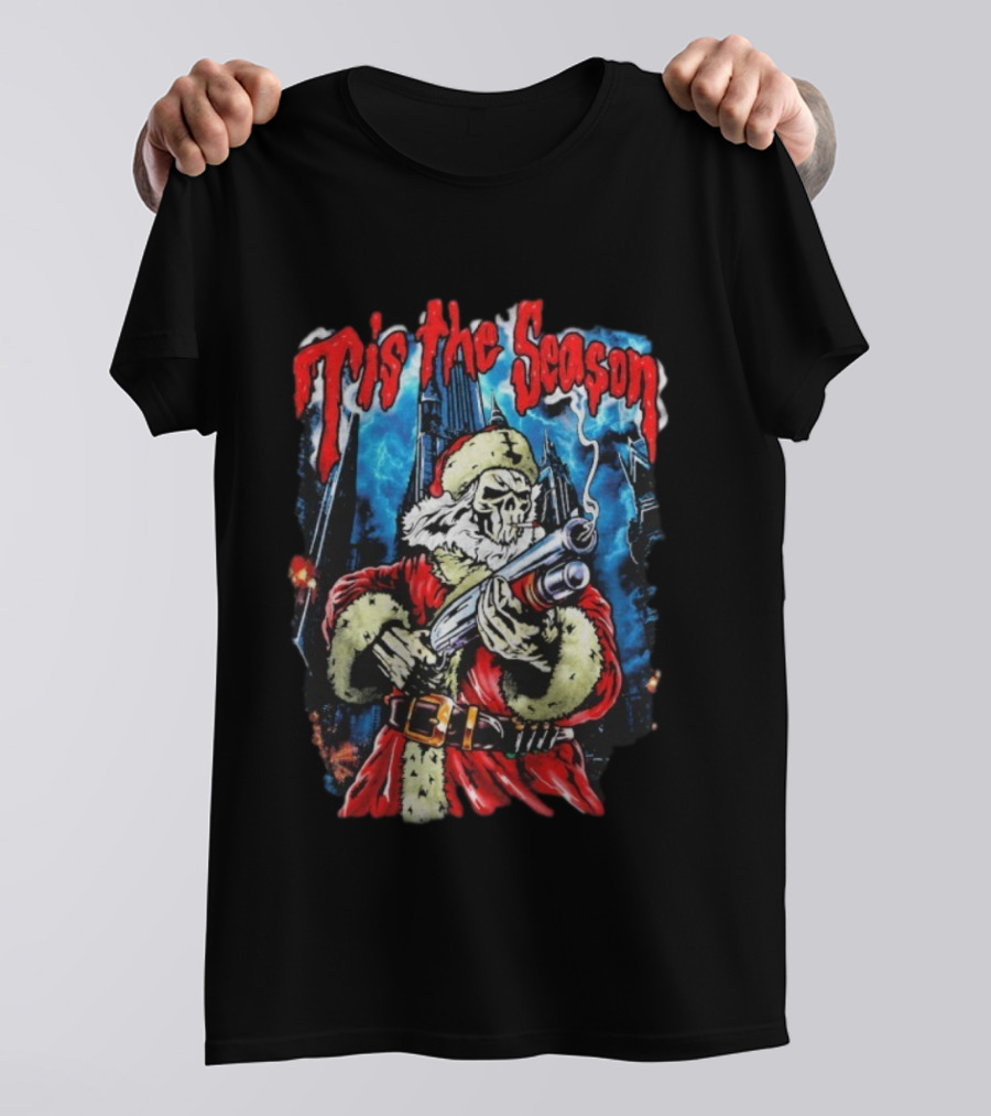 Warren Lotas Tis The Season Skull Santa Holding Shotgun T-Shirt
