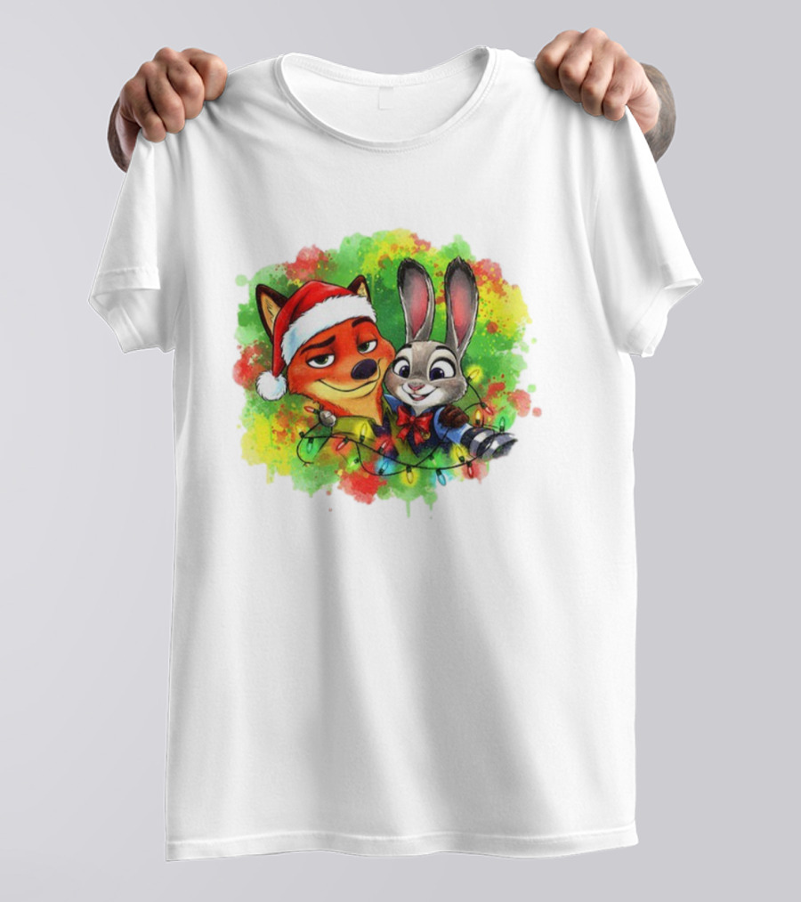 Couple Fox And Bunny Zootopia 2 Santa Hat Merry Christmas Holiday Lights T-Shirt