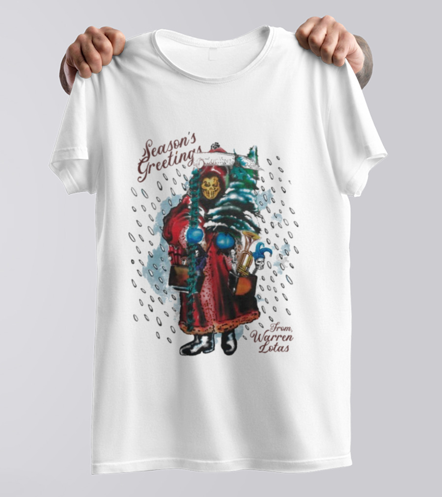 Season's Greetings From Warren Lotas Christmas Skeleton In Santa Robe T-Shirt