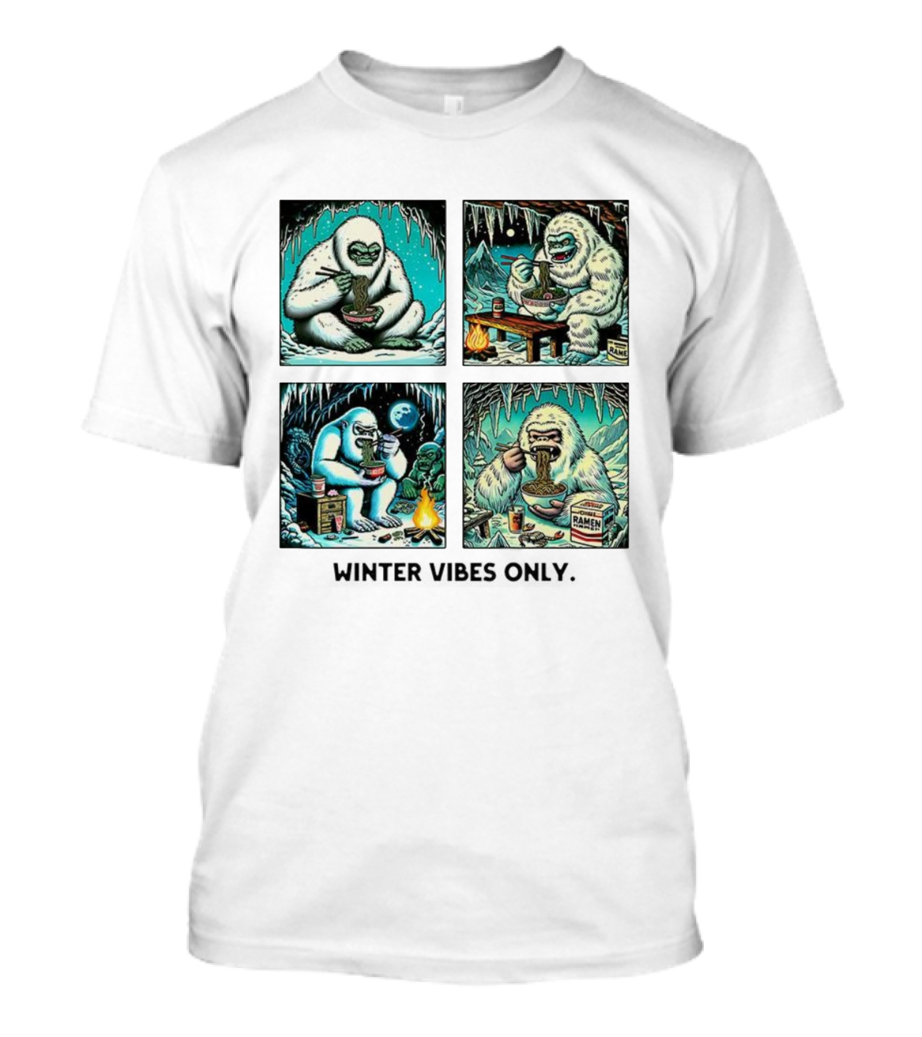 Winter Vibes Yeti Enjoying Ramen Under Icy Cave T-Shirt