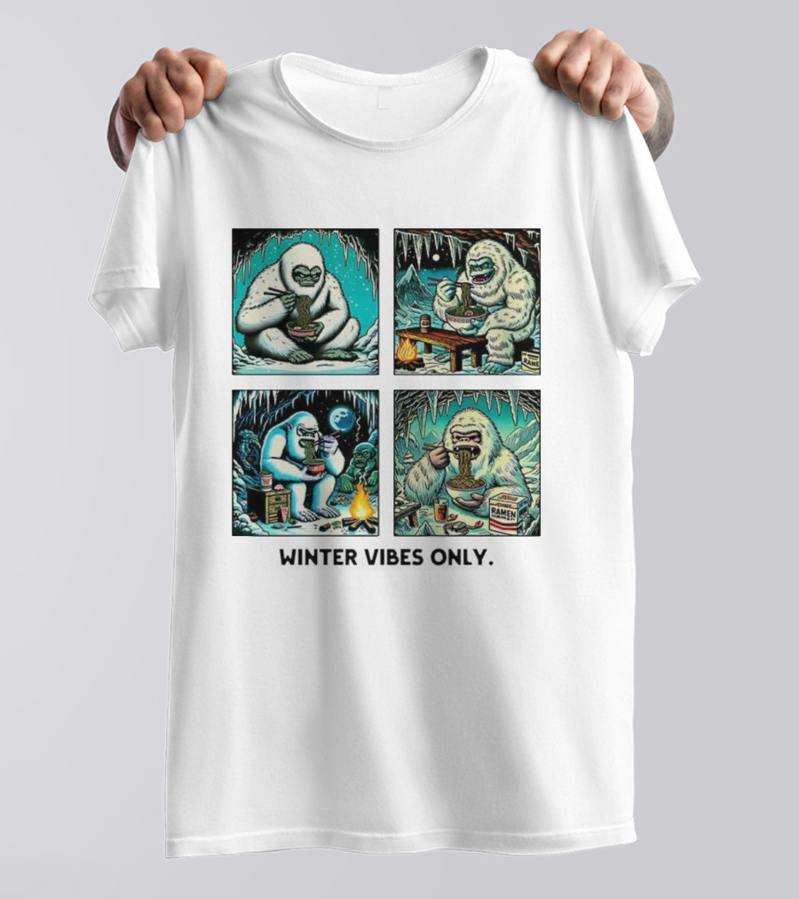 Winter Vibes Yeti Enjoying Ramen Under Icy Cave T-Shirt