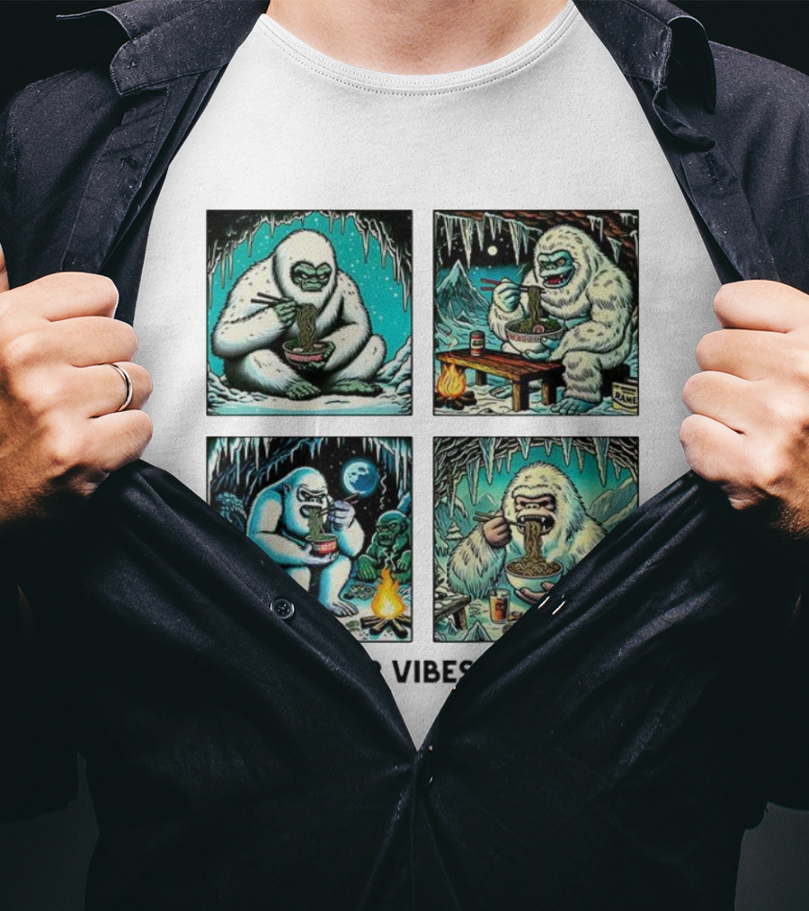 Winter Vibes Yeti Enjoying Ramen Under Icy Cave T-Shirt