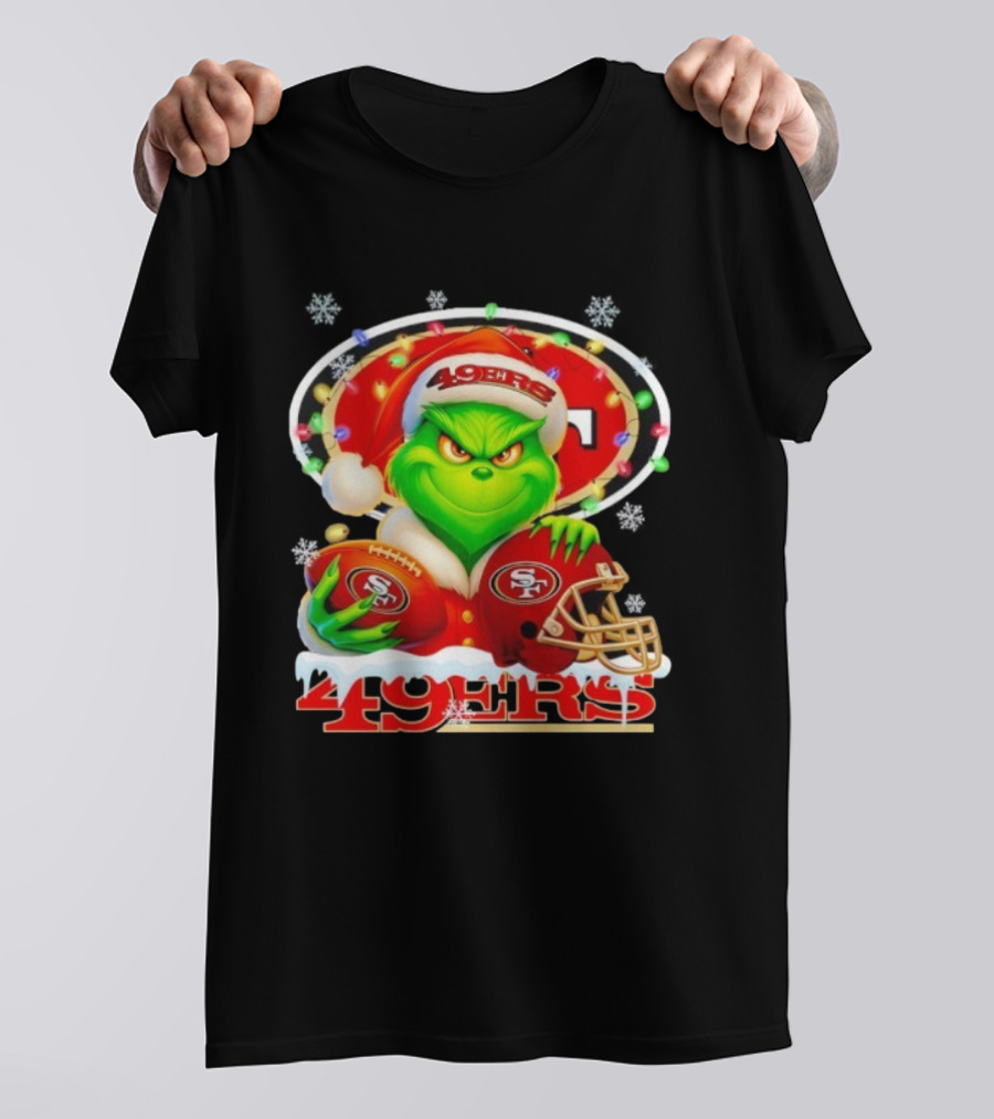 Grinch Holding Football And Helmet San Francisco 49ers Merry Christmas 49ers T-Shirt