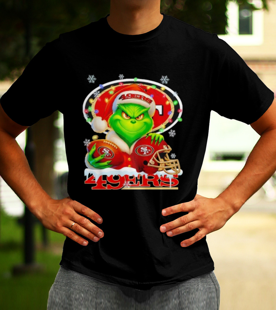 Grinch Holding Football And Helmet San Francisco 49ers Merry Christmas 49ers T-Shirt