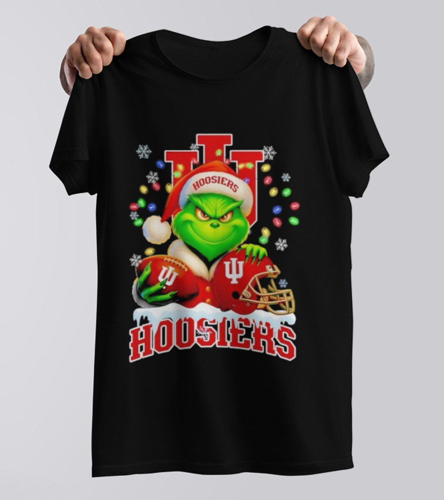 Grinch Santa With Indiana Hoosiers Football Helmet Christmas Theme T-Shirt