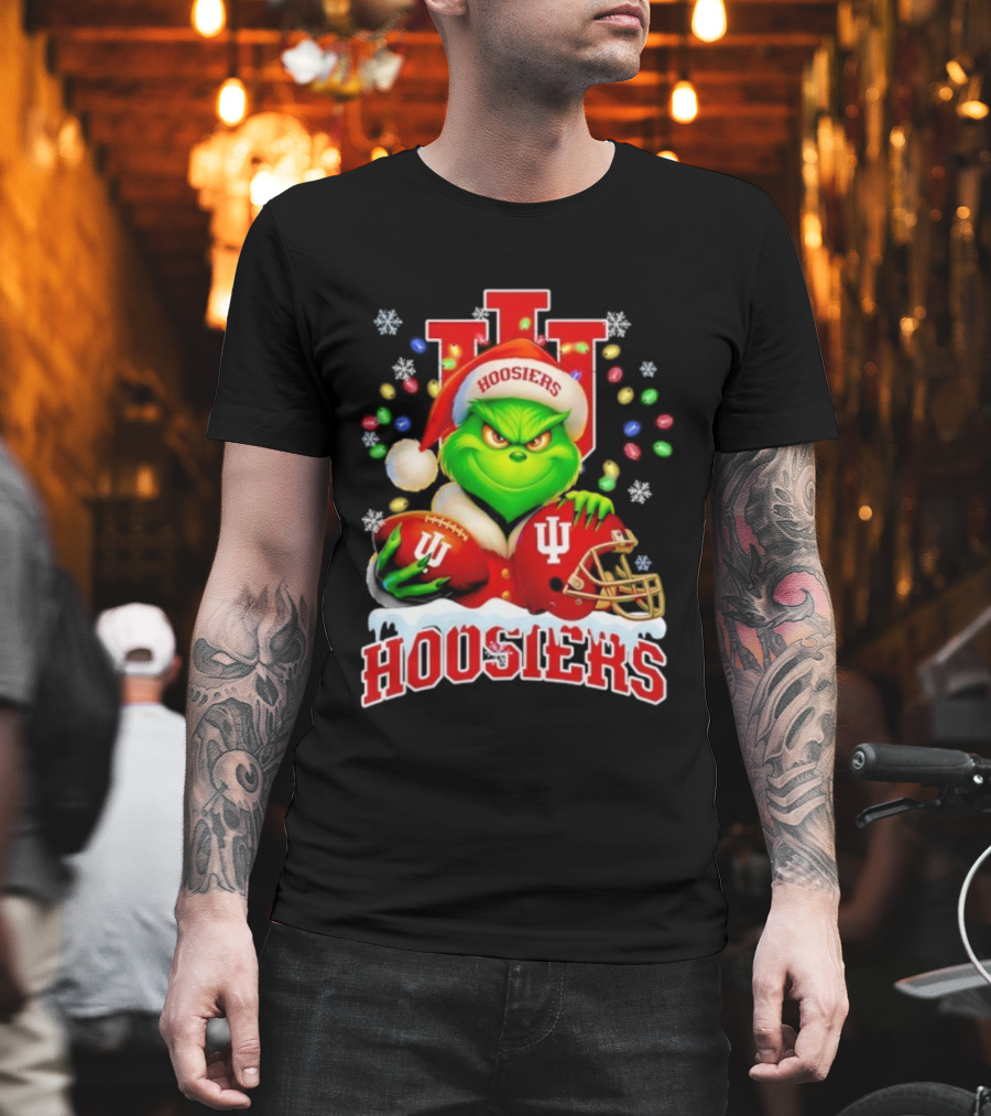 Grinch Santa With Indiana Hoosiers Football Helmet Christmas Theme T-Shirt