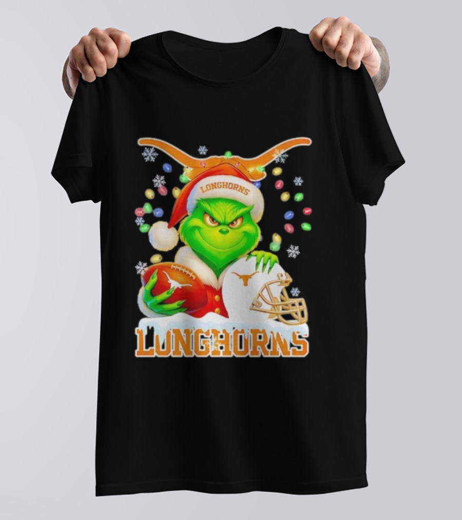 Grinch With Texas Longhorns Christmas Football Helmet And Santa Hat T-Shirt