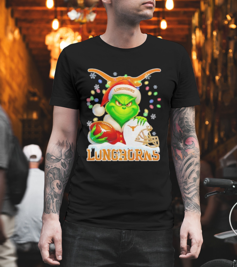 Grinch With Texas Longhorns Christmas Football Helmet And Santa Hat T-Shirt