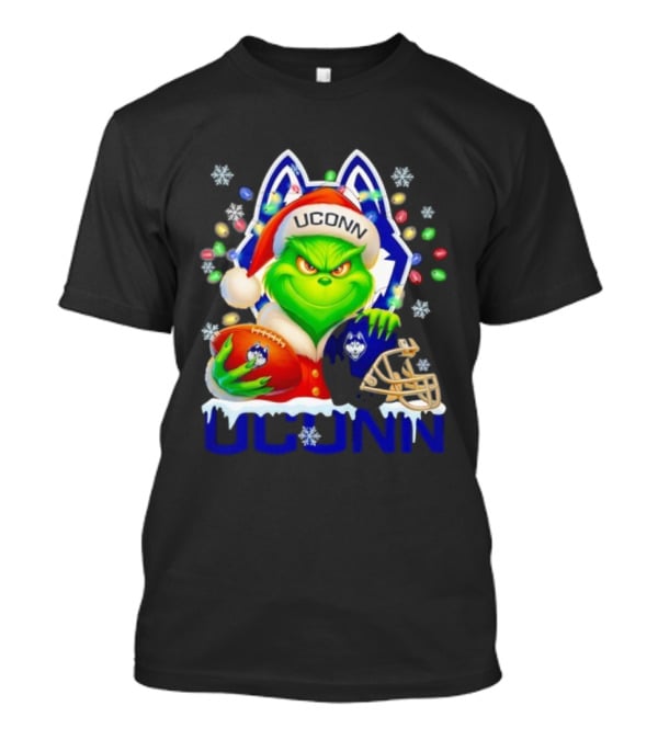 Grinch Wearing Santa Hat With UConn Huskies Football And Helmet Merry Christmas T-Shirt