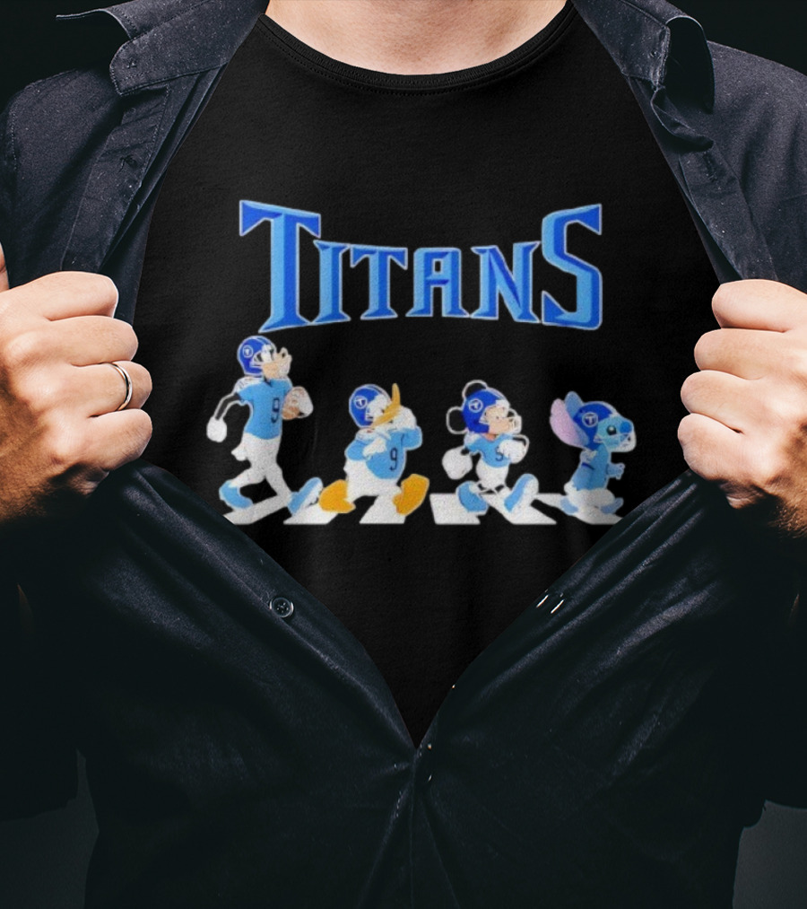 Tennessee Titans Mickey Mouse Donald Duck Goofy Stitch Abbey Road NFL Crossover T-Shirt