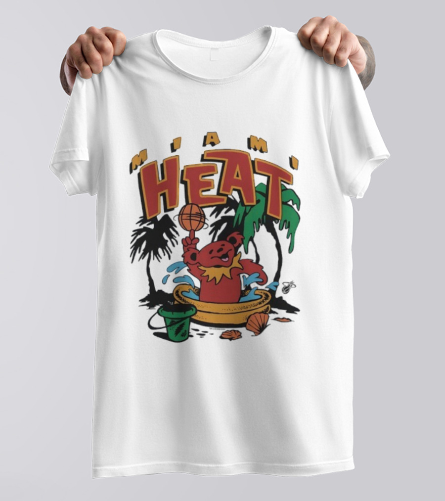 Grateful Dead Bear Miami Heat Basketball Palm Trees Beach Theme T-Shirt
