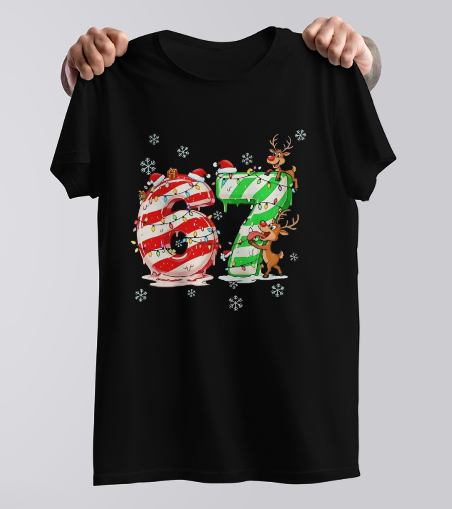 67 Christmas Reindeer Candy Cane Lights Snowflakes T-Shirt