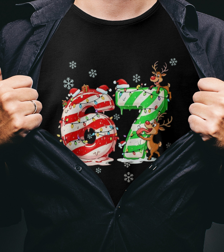 67 Christmas Reindeer Candy Cane Lights Snowflakes T-Shirt