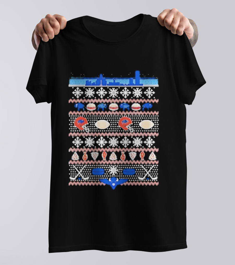 Buffalo Bills Football Skyline Ugly Christmas Sweater With Helmets And Snowflakes T-Shirt