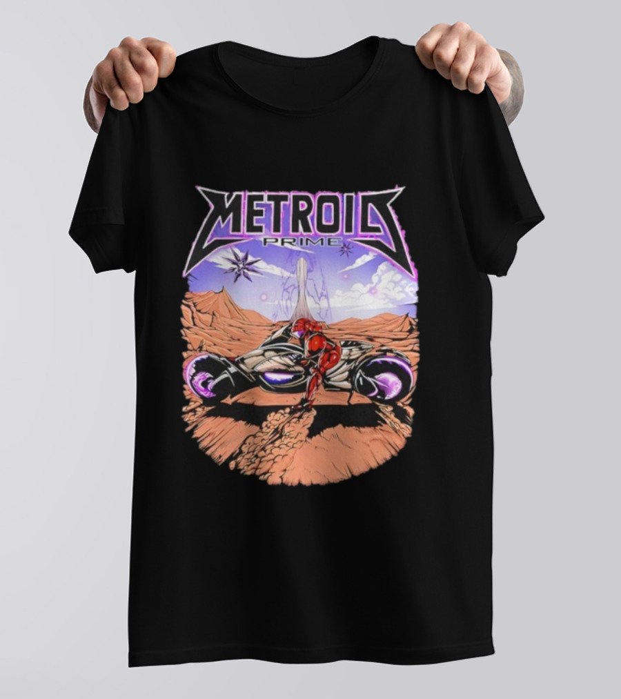 Metroid Prime Sci-Fi Landscape With Armored Character And Alien Desert Scene T-Shirt