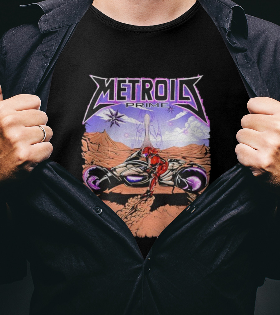 Metroid Prime Sci-Fi Landscape With Armored Character And Alien Desert Scene T-Shirt