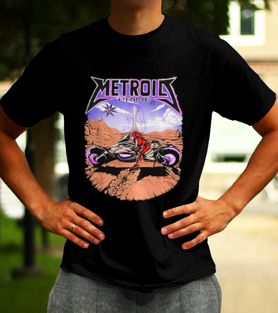 Metroid Prime Sci-Fi Landscape With Armored Character And Alien Desert Scene T-Shirt