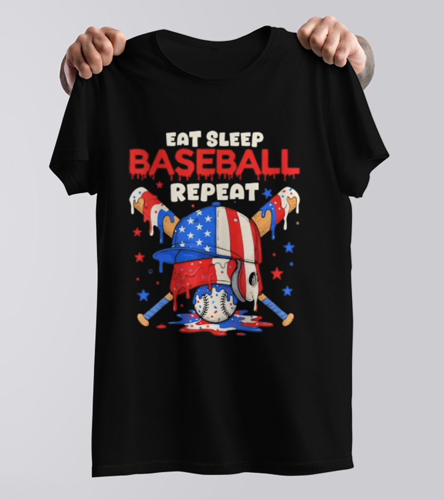 Eat Sleep Baseball Repeat Funny Ice Cream Drip Patriotic Crossed Bats T-Shirt