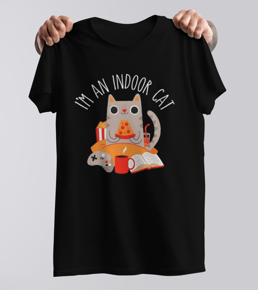I'm An Indoor Cat Cartoon Cozy Vibes With Pizza, Popcorn, And Video Game Controller T-Shirt