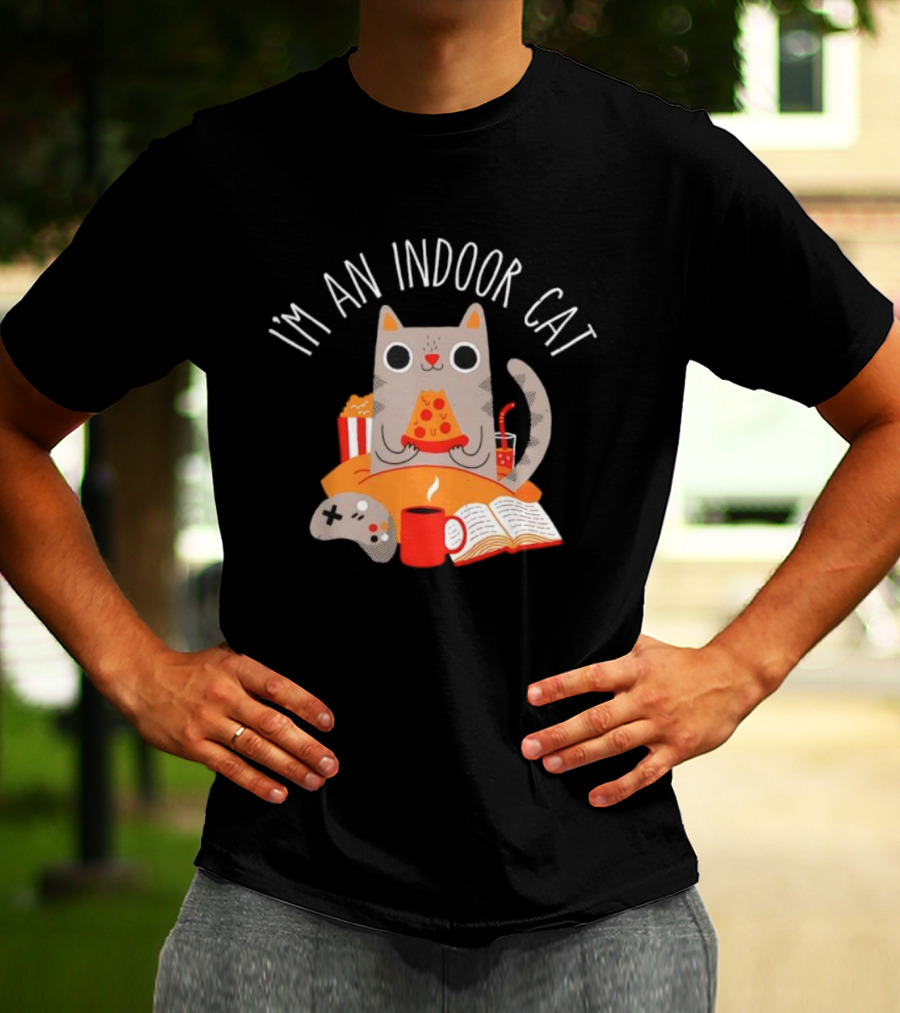 I'm An Indoor Cat Cartoon Cozy Vibes With Pizza, Popcorn, And Video Game Controller T-Shirt
