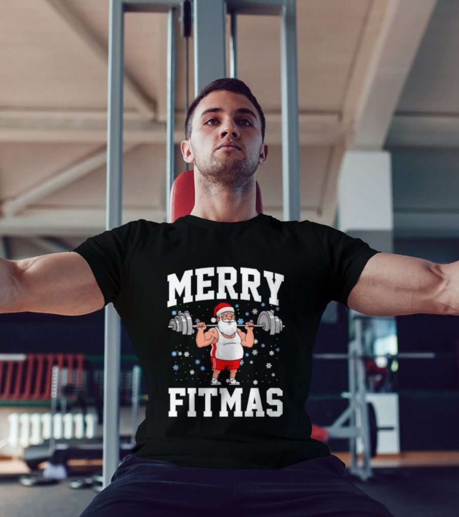 Merry Fitmas Santa Claus Lifting Weights Holiday Humor T-Shirt