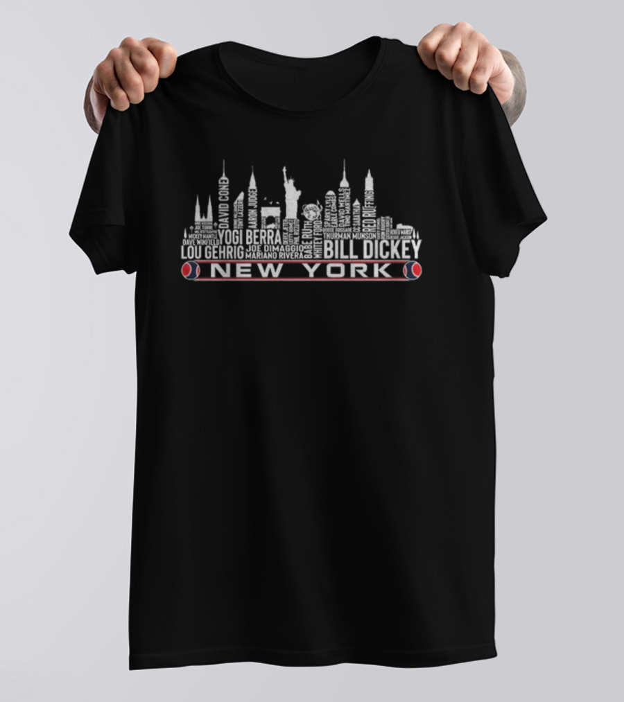 New York Baseball Legends Skyline Tribute With Ruth Gehrig Mantle Dickey T-Shirt
