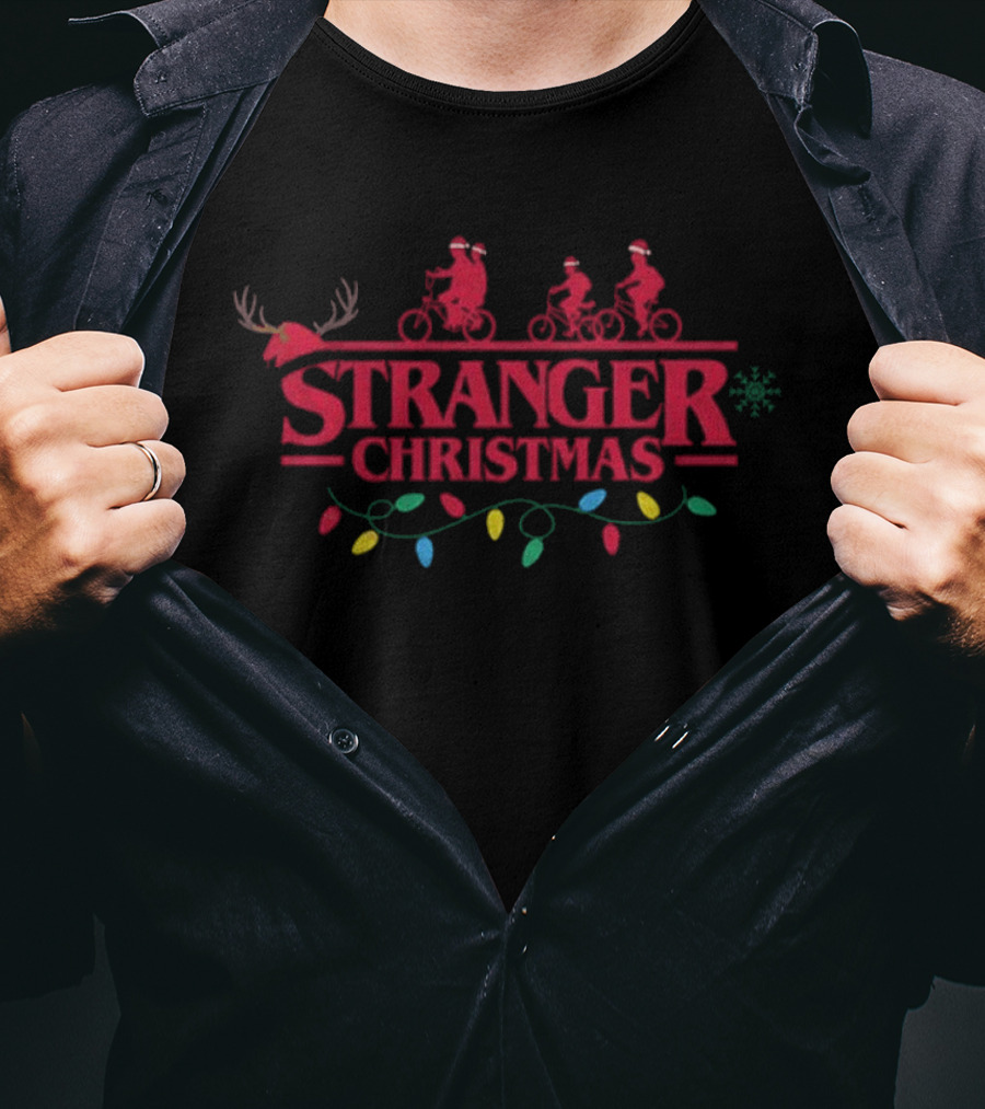 Stranger Christmas Santa Claus Upside Down Lights And Reindeer Antlers T-Shirt