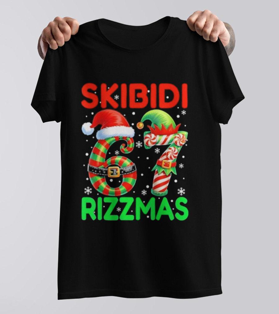 Skibidi 67 Rizzmas Funny Christmas Elf Candy Cane Holiday Meme T-Shirt
