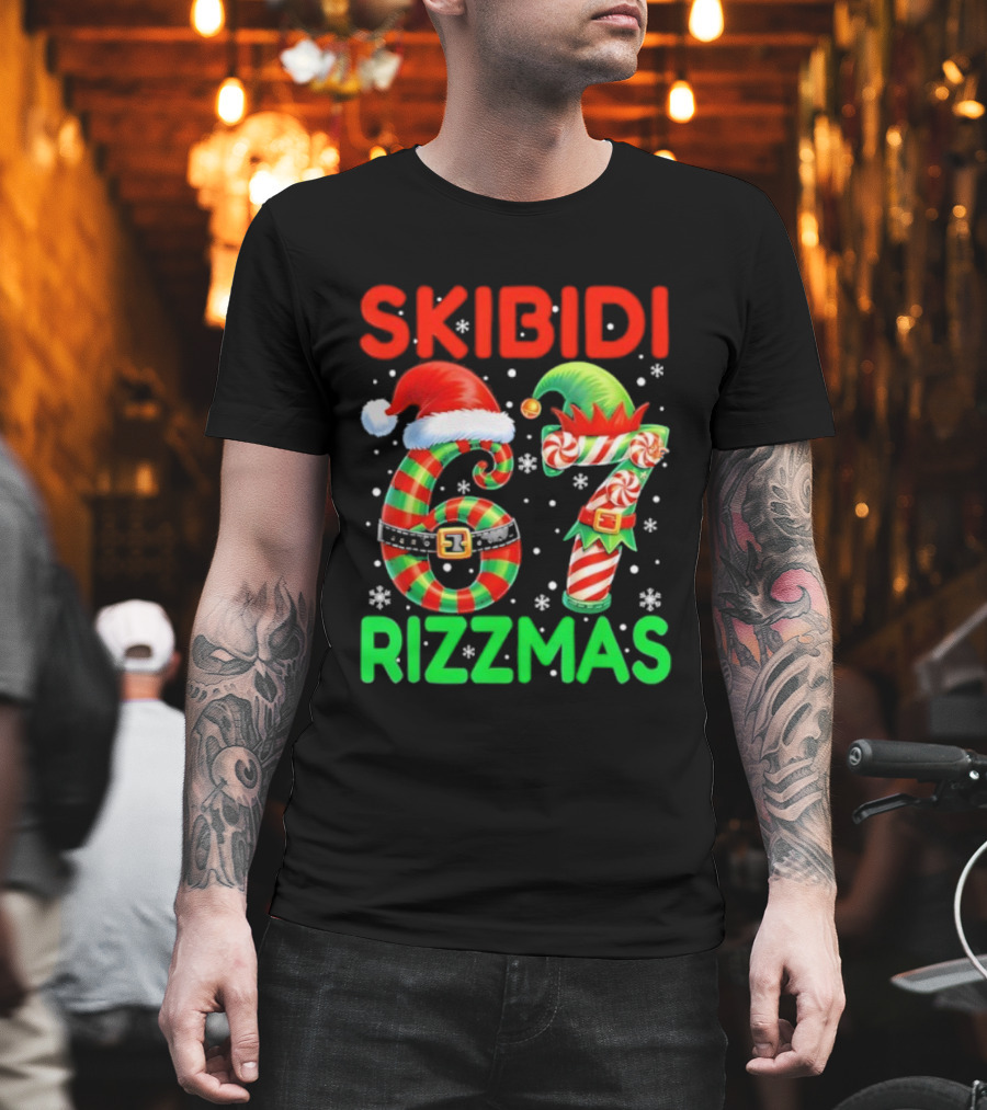 Skibidi 67 Rizzmas Funny Christmas Elf Candy Cane Holiday Meme T-Shirt