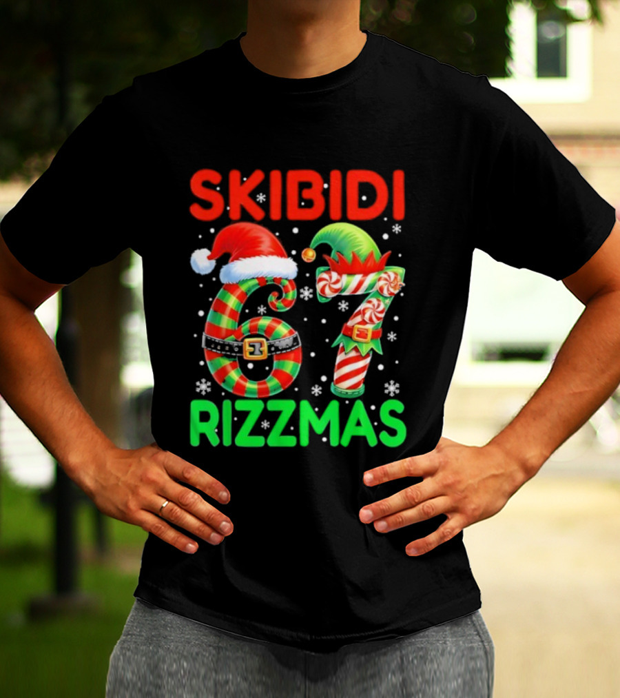 Skibidi 67 Rizzmas Funny Christmas Elf Candy Cane Holiday Meme T-Shirt