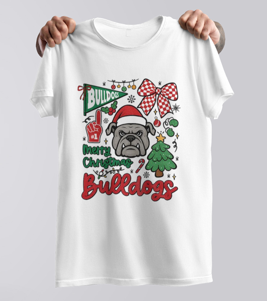 Merry Christmas Bulldogs Festive Mascot Checkerboard Bow And Holiday Theme T-Shirt