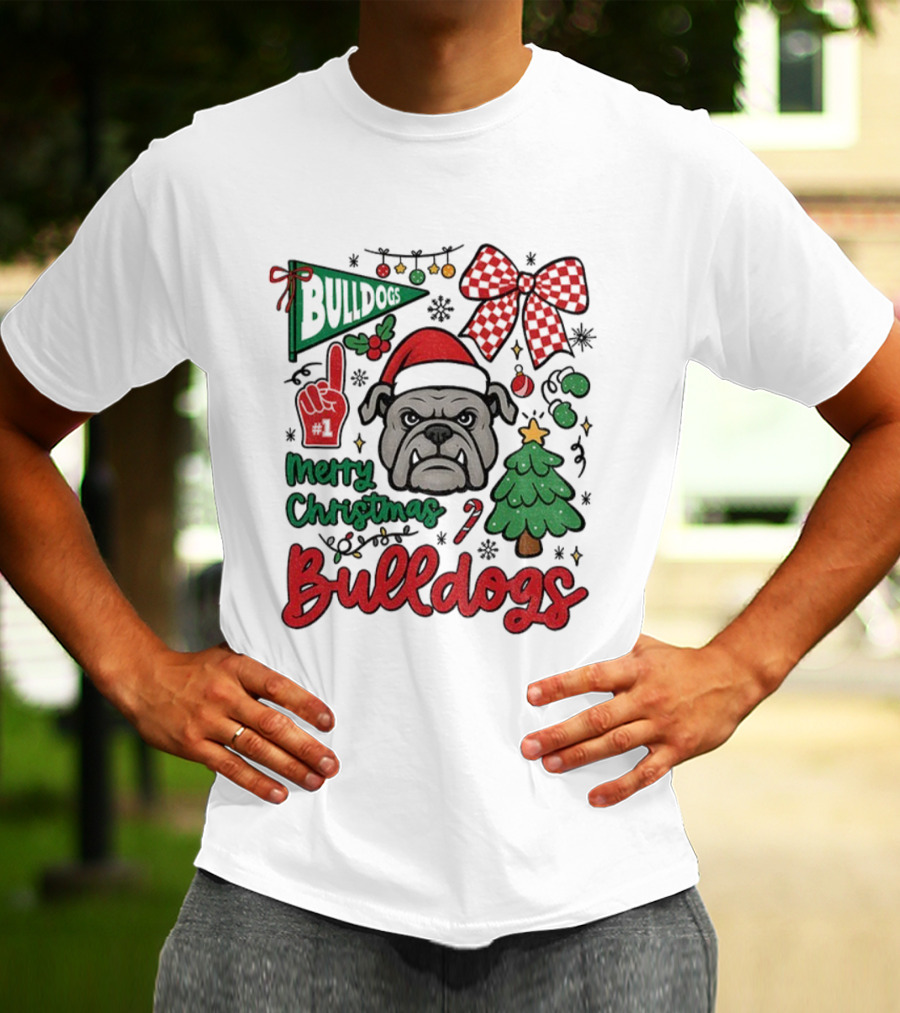 Merry Christmas Bulldogs Festive Mascot Checkerboard Bow And Holiday Theme T-Shirt