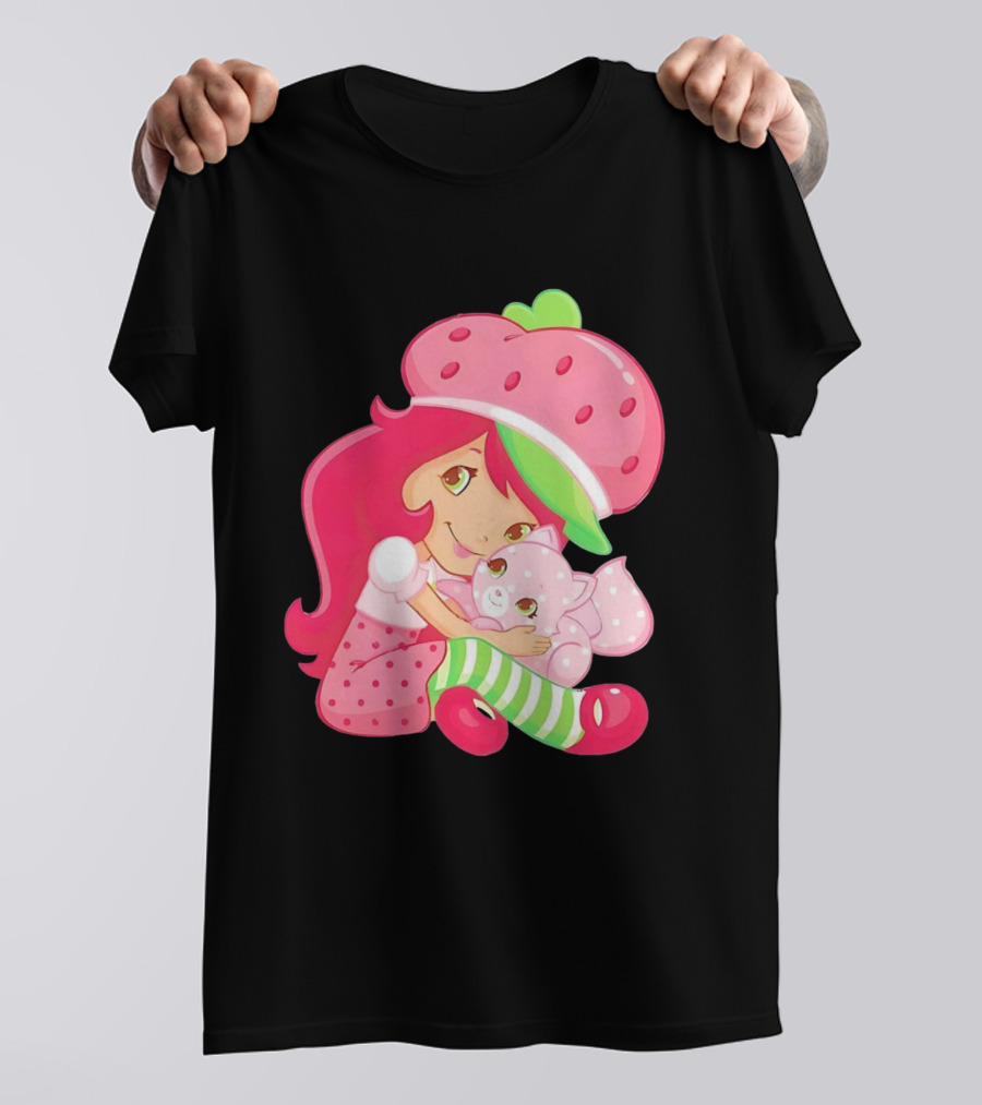 Strawberry Girl Hugging Pink Cat With Hat And Polka Dot Pants T-Shirt