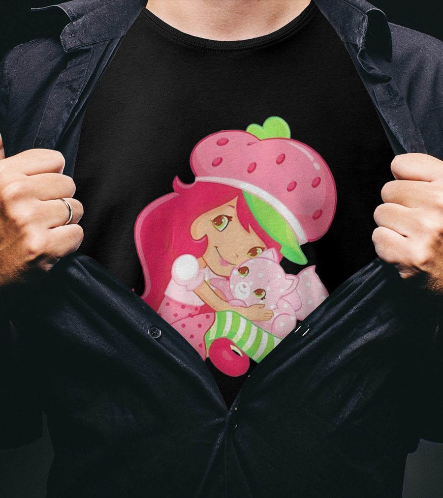 Strawberry Girl Hugging Pink Cat With Hat And Polka Dot Pants T-Shirt