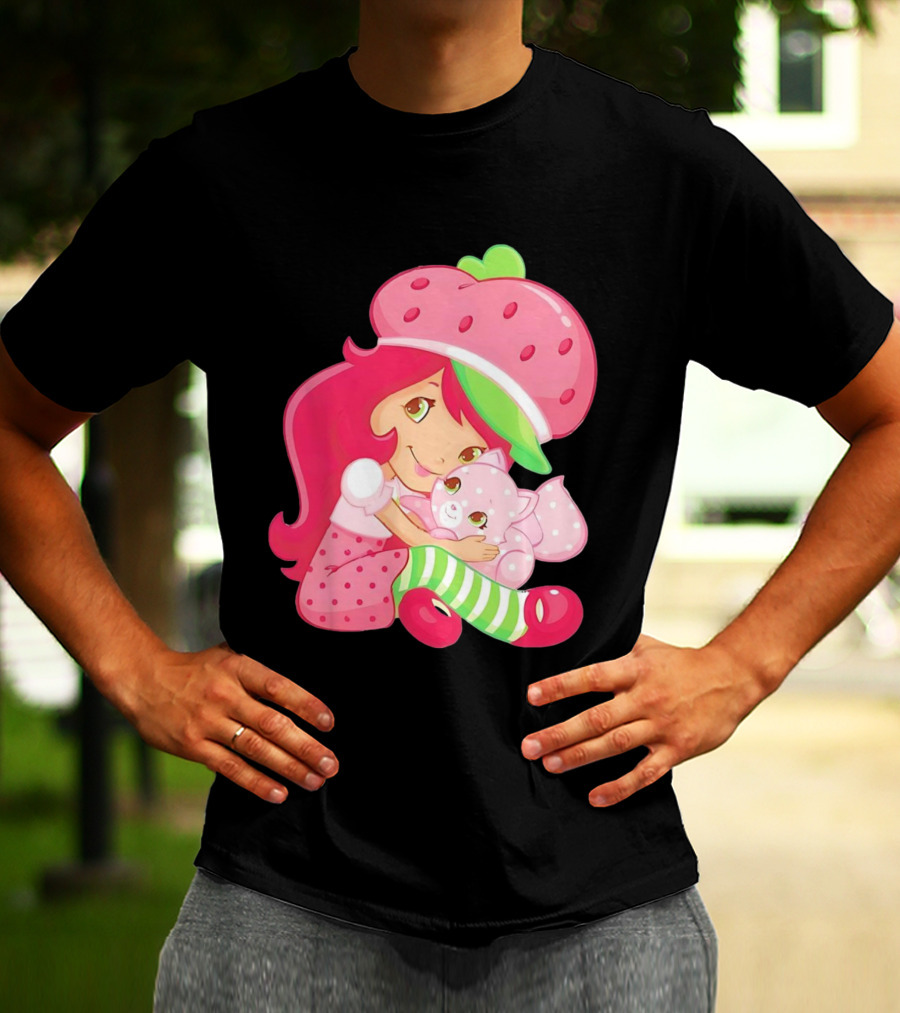 Strawberry Girl Hugging Pink Cat With Hat And Polka Dot Pants T-Shirt
