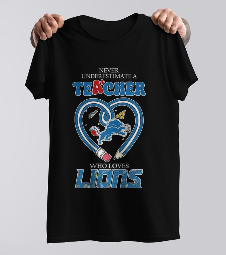 Teacher Who Loves Detroit Lions Heart Pencil Design T-Shirt