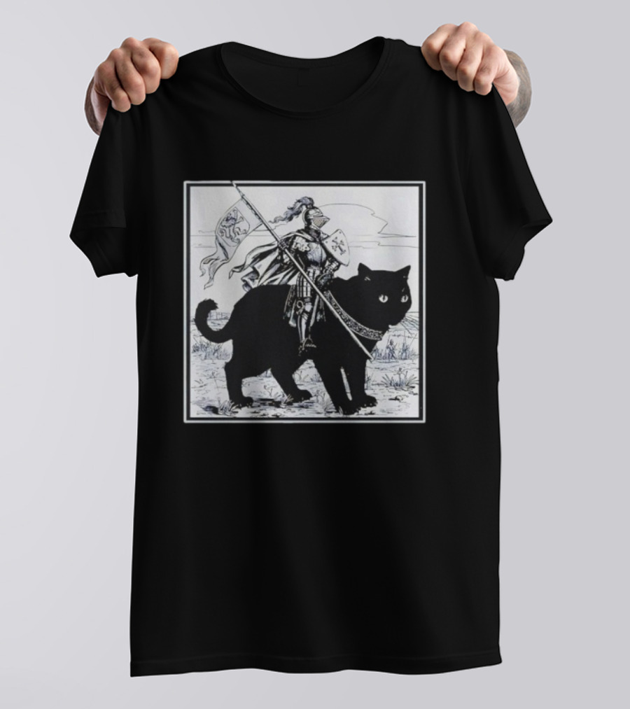 Medieval Knight Riding Giant Cat With Heraldic Banner T-Shirt