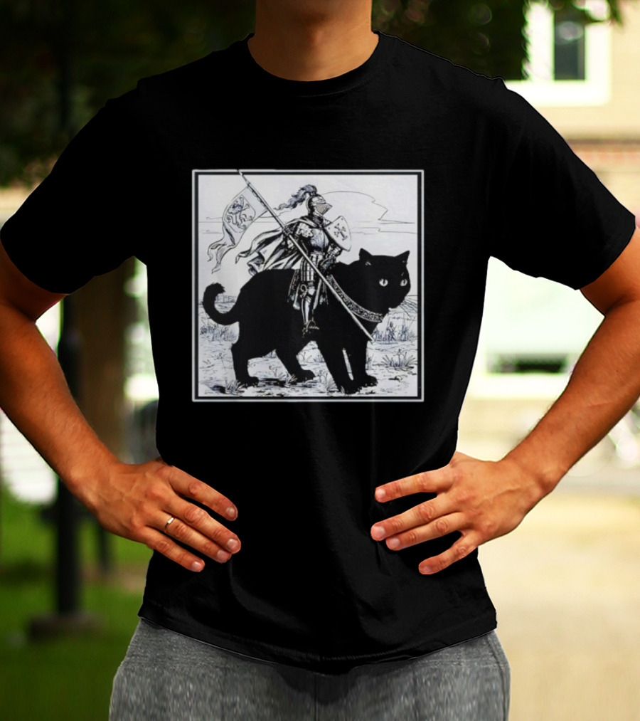 Medieval Knight Riding Giant Cat With Heraldic Banner T-Shirt