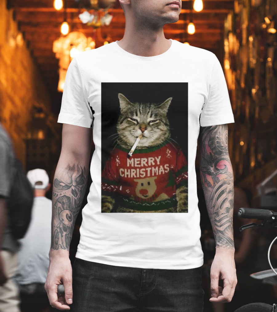 Merry Christmas Cat Smoking In Ugly Holiday Sweater With Reindeer T-Shirt