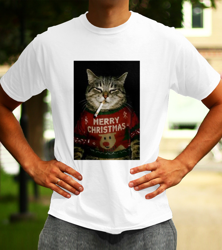 Merry Christmas Cat Smoking In Ugly Holiday Sweater With Reindeer T-Shirt