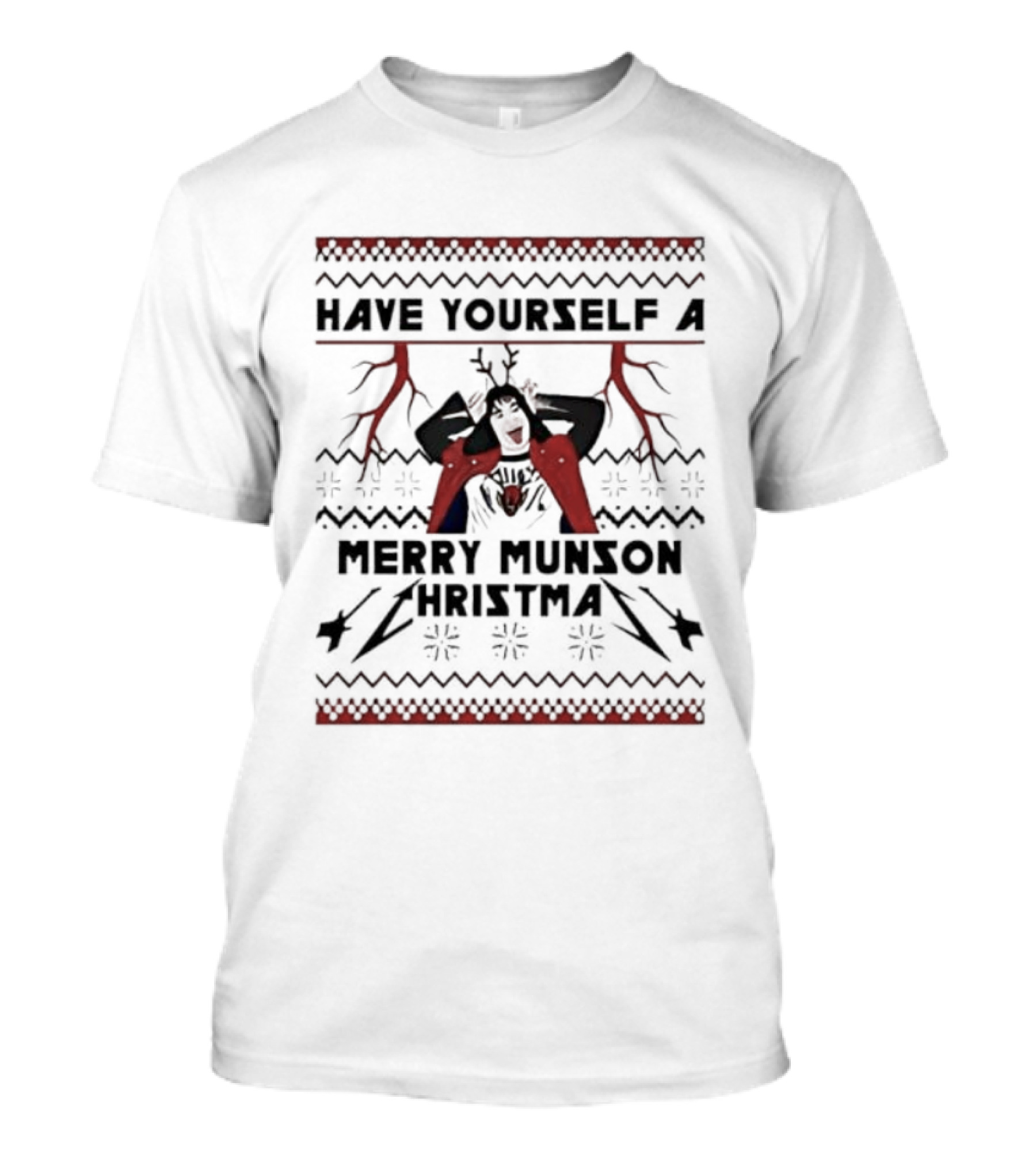 Eddie Munson Merry Munson Christmas Holiday Skeleton Red Lightning T-Shirt