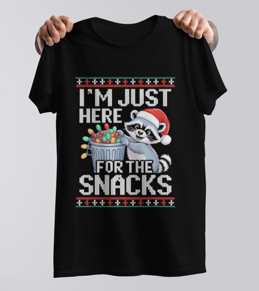 I'm Just Here For The Snacks Raccoon Christmas Ugly Sweater Santa Hat Holiday T-Shirt