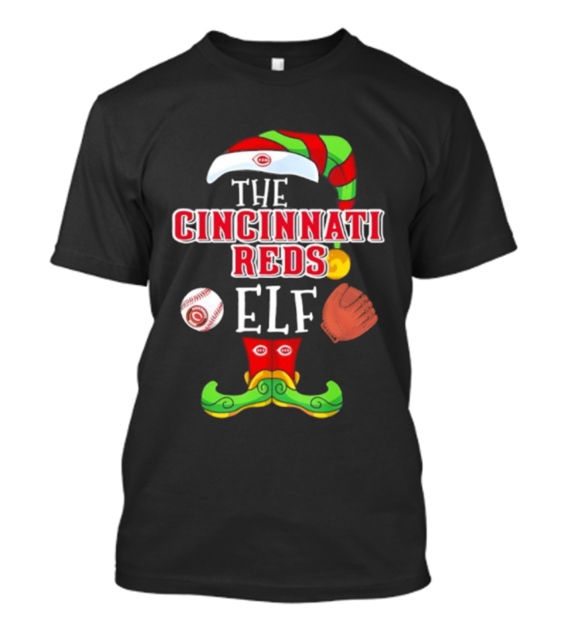 Cincinnati Reds Christmas Baseball Elf Hat And Stockings T-Shirt