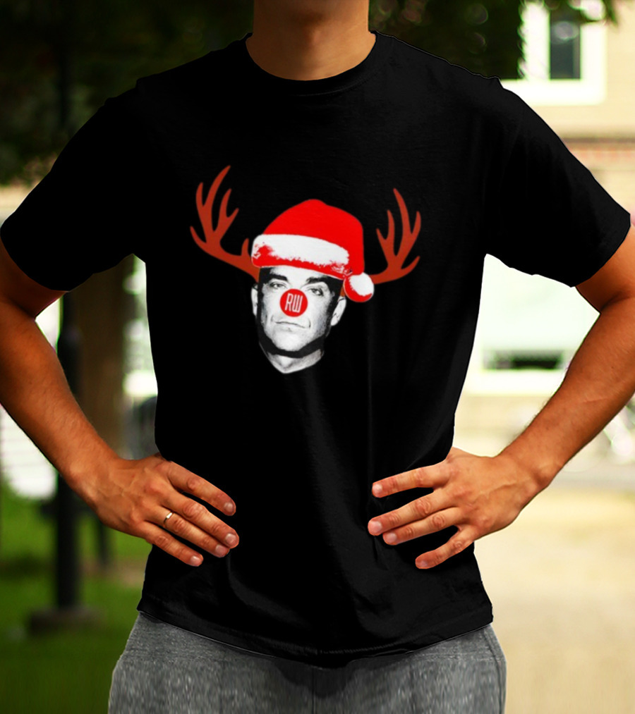 Rudolph Robbie Reindeer Santa Hat RW Nose Antlers Holiday T-Shirt