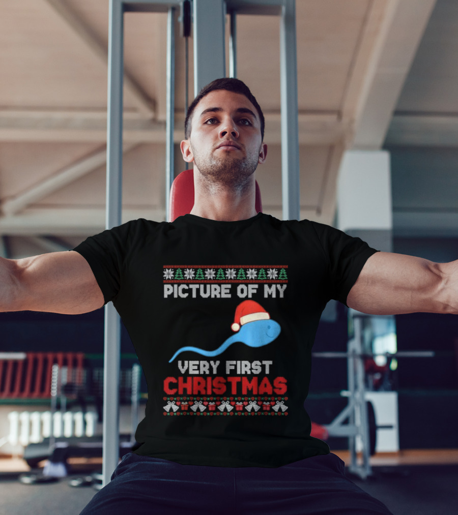 Picture Of My Very First Christmas Joke Funny Xmas Santa Hat Sperm T-Shirt