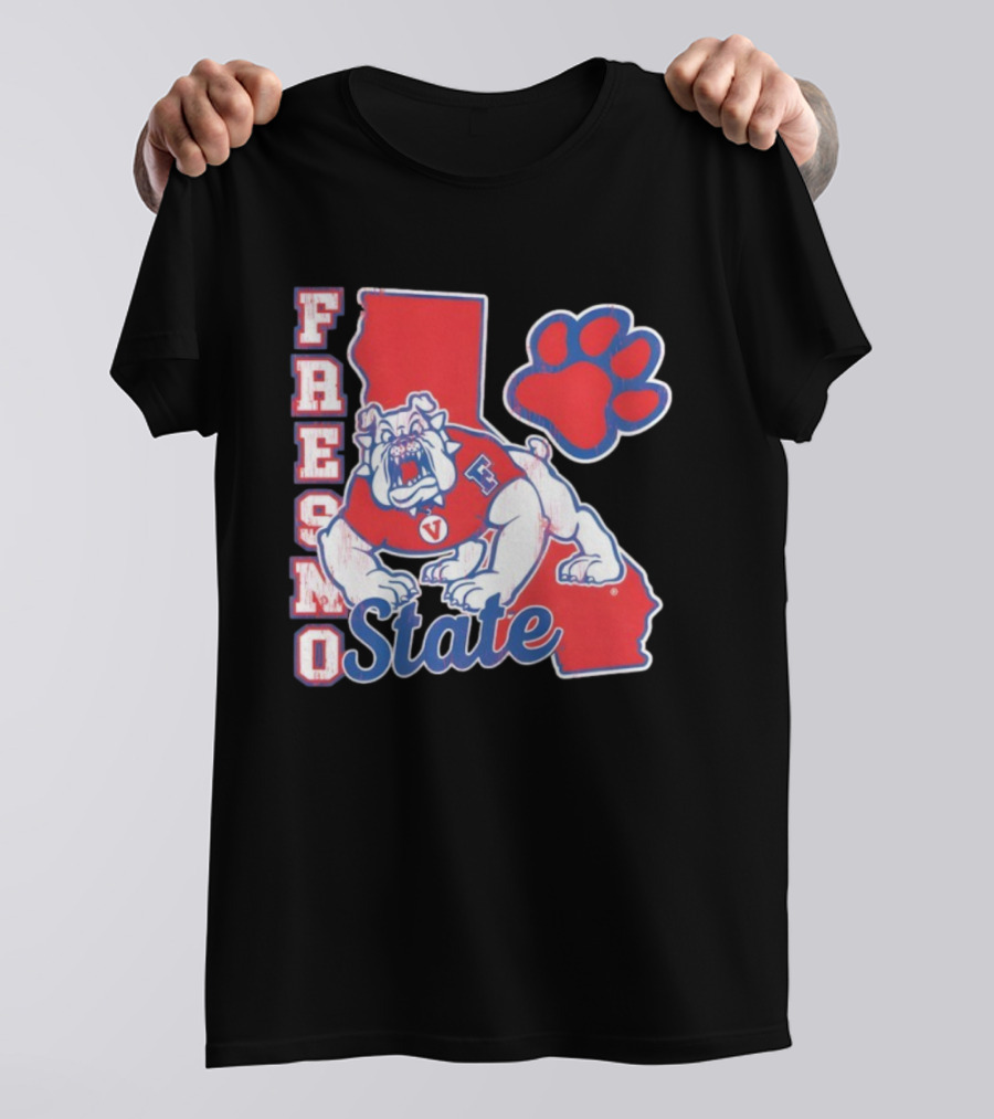 Fresno State CA Bulldog Paw Print And State Outline T-Shirt