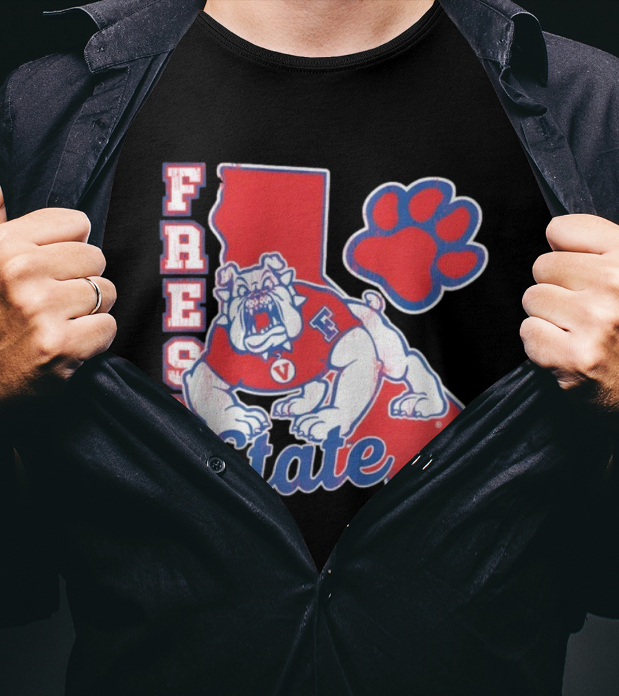 Fresno State CA Bulldog Paw Print And State Outline T-Shirt