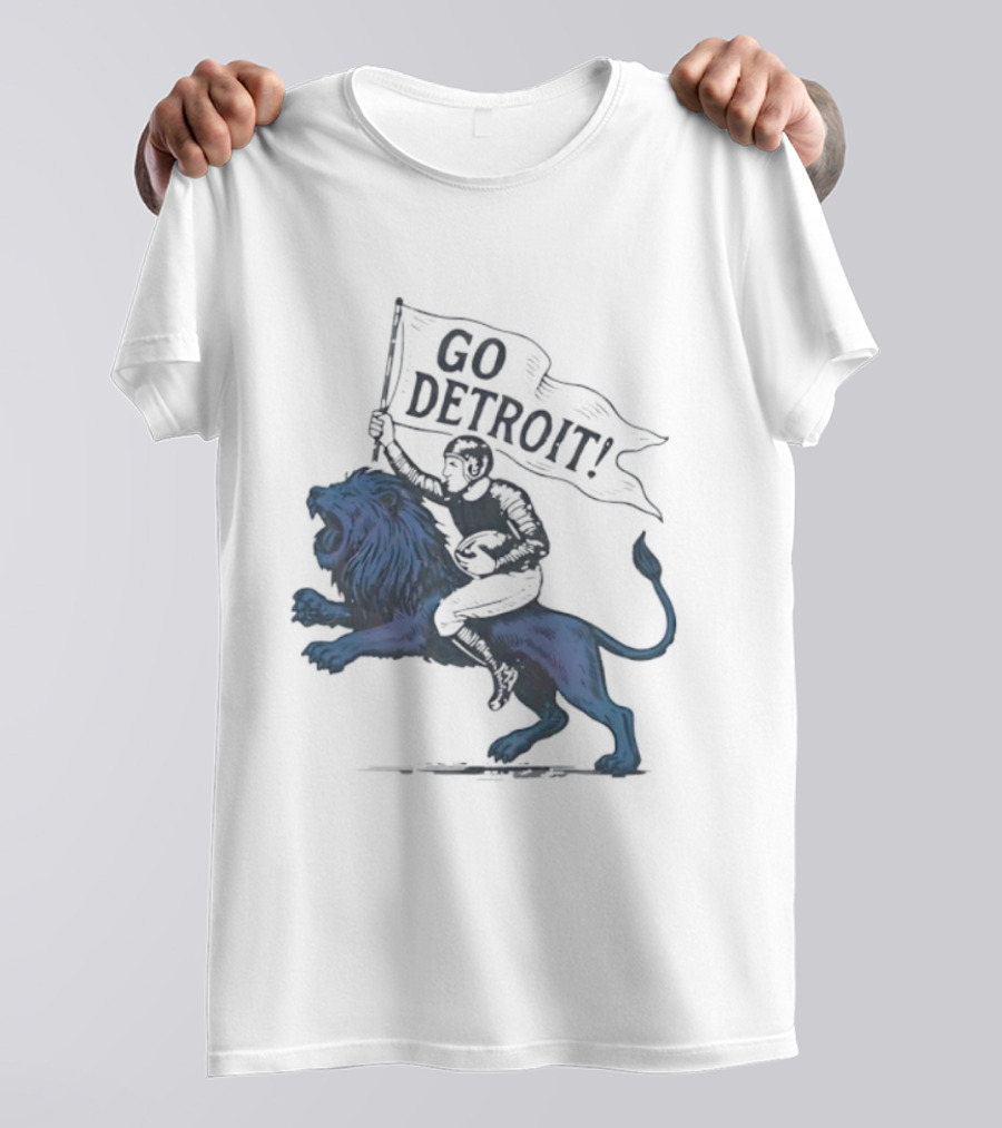 Go Detroit Football Player Riding Lion T-Shirt